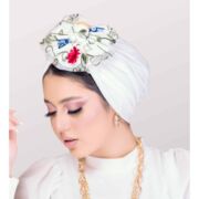 Women’s Crepe Turban with Multicolor Big Flower in Light Weight Stiff Padded Tulle Head Gear
