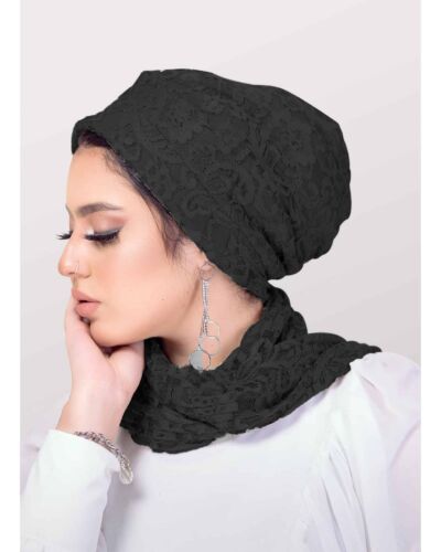 2-Piece Women’s Padded Dantel Lace Turban with Matching Scarf Set Modest Hijab Fashion