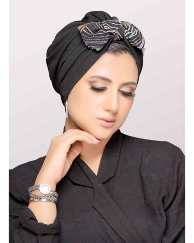 Women’s Light Weight Crepe Turban with Multi-color Fixed Bow One-Piece Head Gear