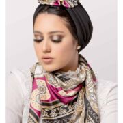 2-Piece Women’s Front Fan Deisgn Black Turban Cap with Printed Scarf Set in Soft Crepe Fabric